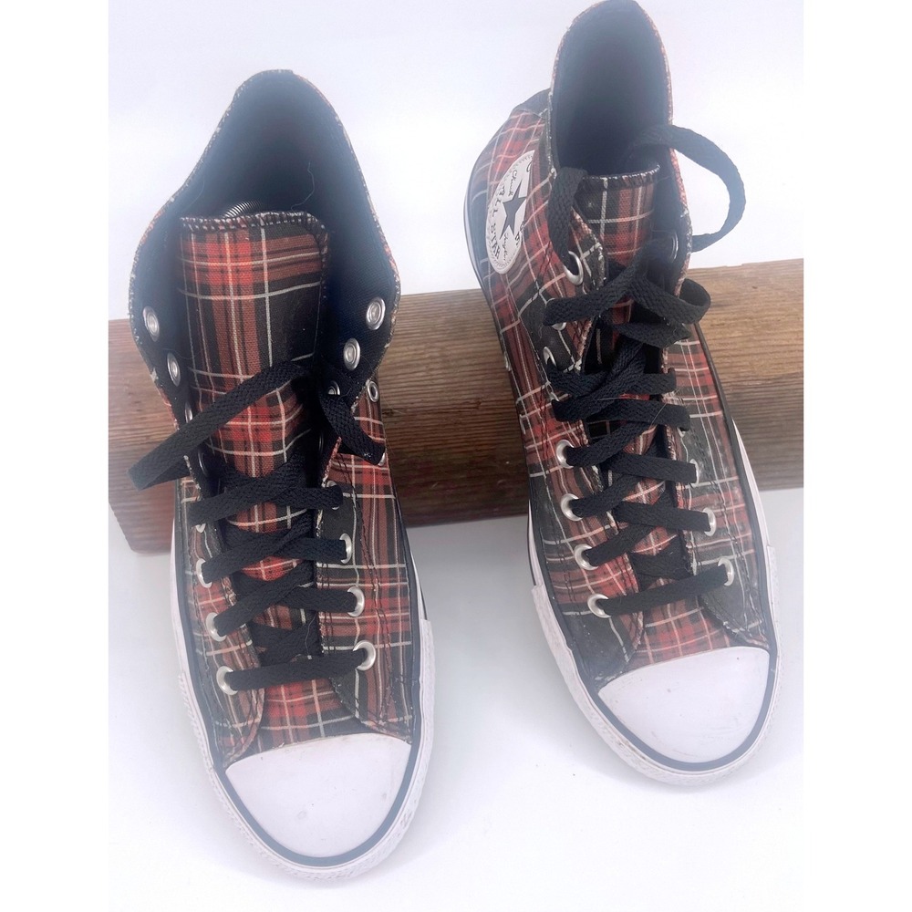 Converse Chuck Taylor All Star High Top Red Black Plaid Sneakers M-8.5/W- 10.5